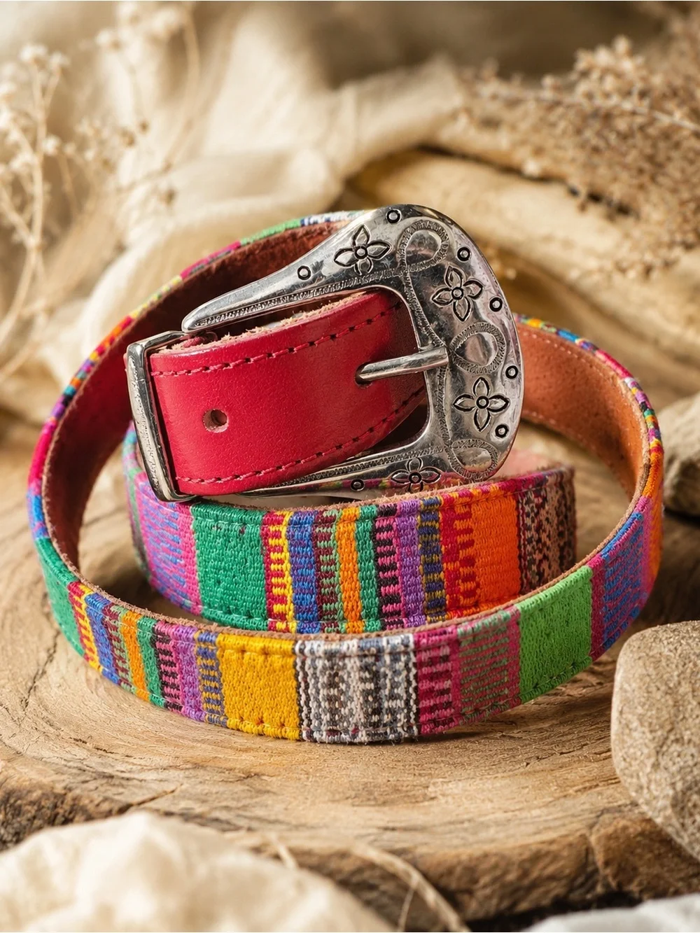 Woven Textile Leather Belt Colorful Southwestern Silver Floral Buckle